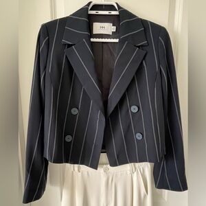 Cropped Pinstripe Blazer XS Navy Blue Cropped Jacket with Shoulder Pads
